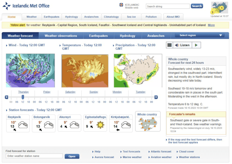 Image of the website for the icelandic met office that provides you with realtime update of the weather in Iceland.