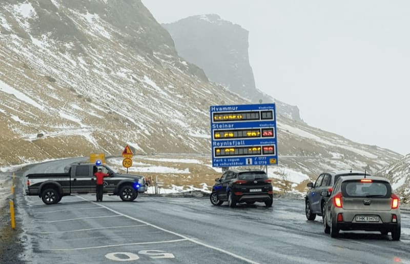 Image of road closure in Iceland due to high winds.