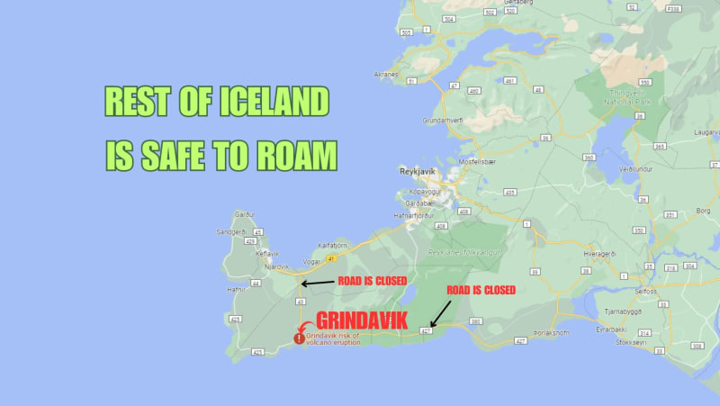 Image of Reykjanes peninsula that reveals the closing of roads the lead to Grindavik.