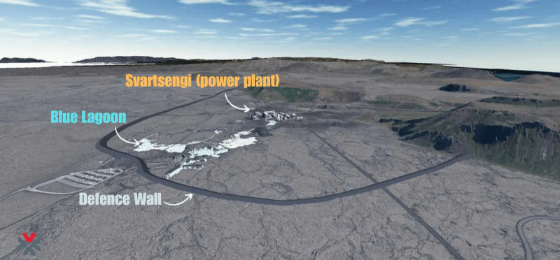 Image of the defense wall that is being raised around Blue Lagoon and Svartsengi