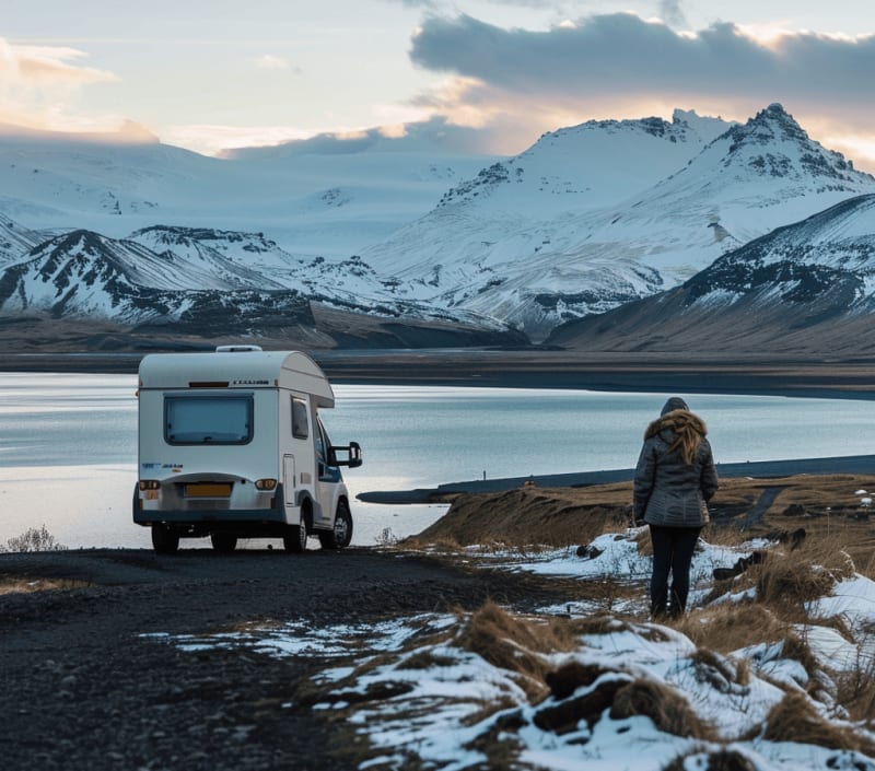 Image of a traveler in Iceland, standing outside of this motorhome rental