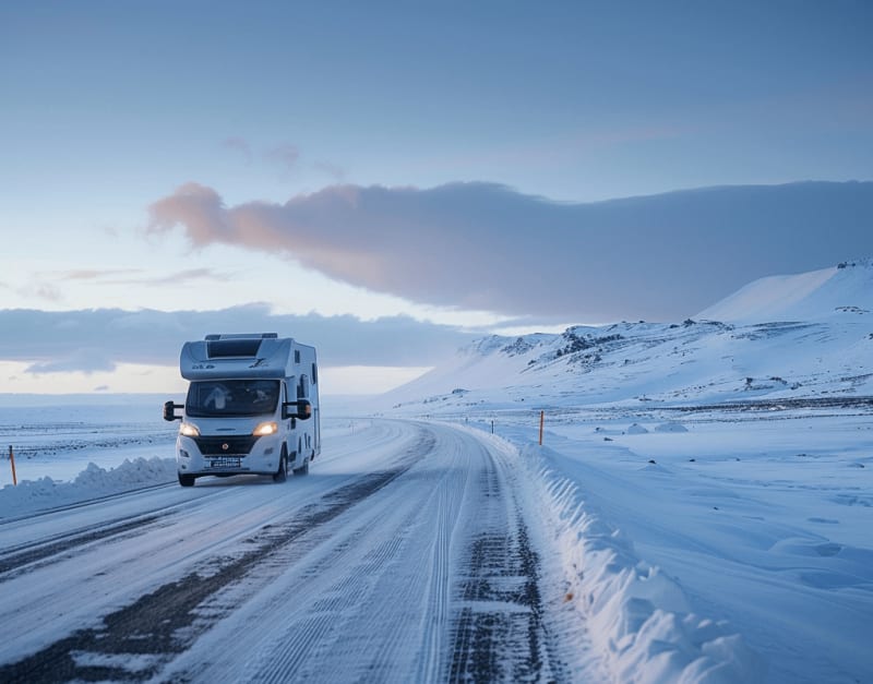 Image of a motorhome driving in Snowy conditions in Iceland