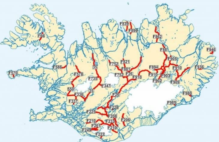 Map of F-Roads in Iceland