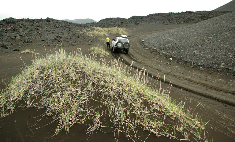 A vehicle traversing an Icelandic F road.