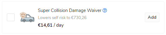 Image showing Super Collision Damage Waiver SCDW and a price tag with an Add button