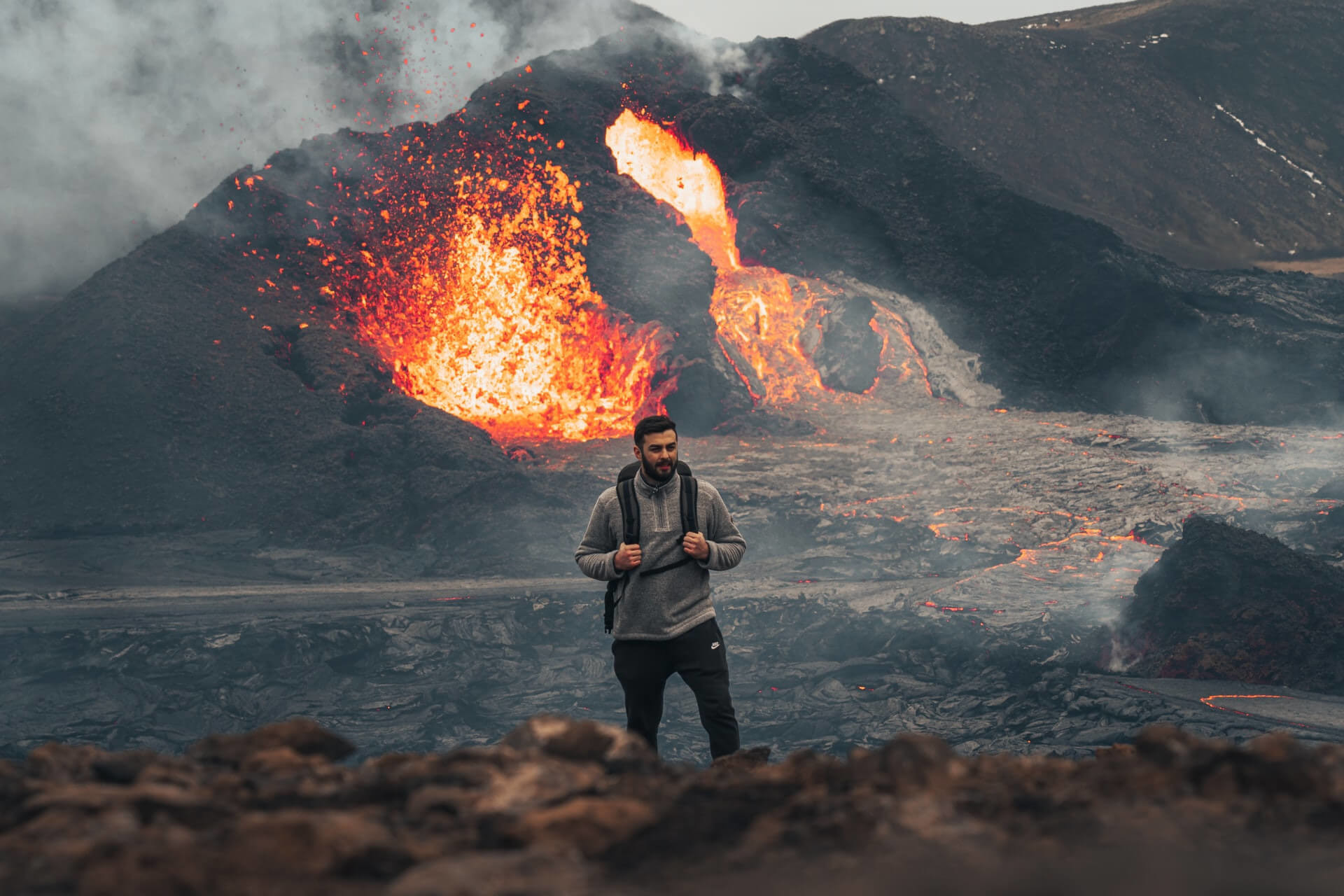 Guest visiting the volcanic eruption in Iceland