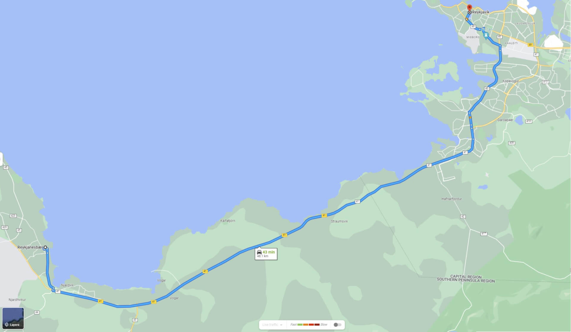 Google Maps of Route from Keflavik to Reykjavik