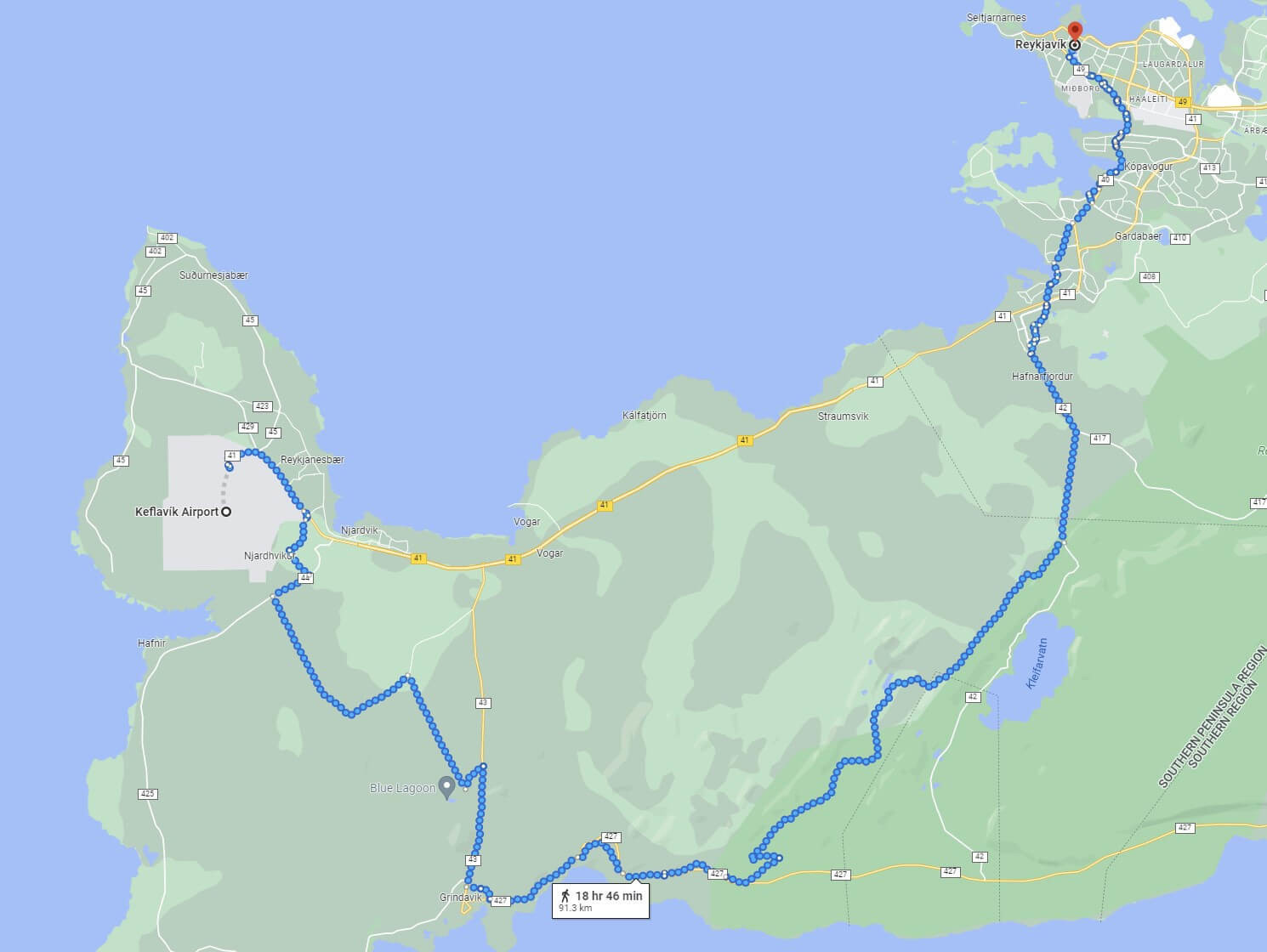 The Route to walk from Keflavik to Reykjavik