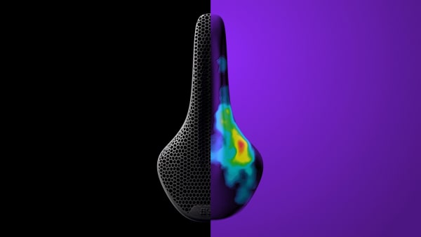 The Fizik One-to_one saddle, showing a pressure map overlaid on on right half of the saddle