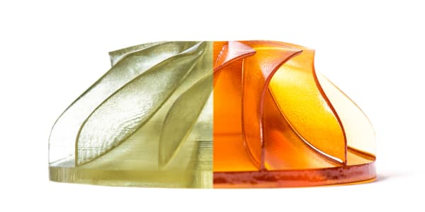 A half-cured part in the shape of Young's Modulus, showing the difference curing has on resins