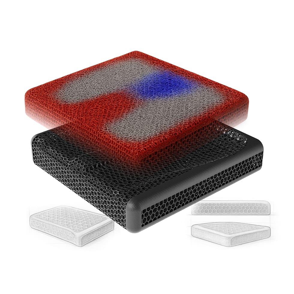 A latticed wheelchair pad superimposed over a traditional seat cusion