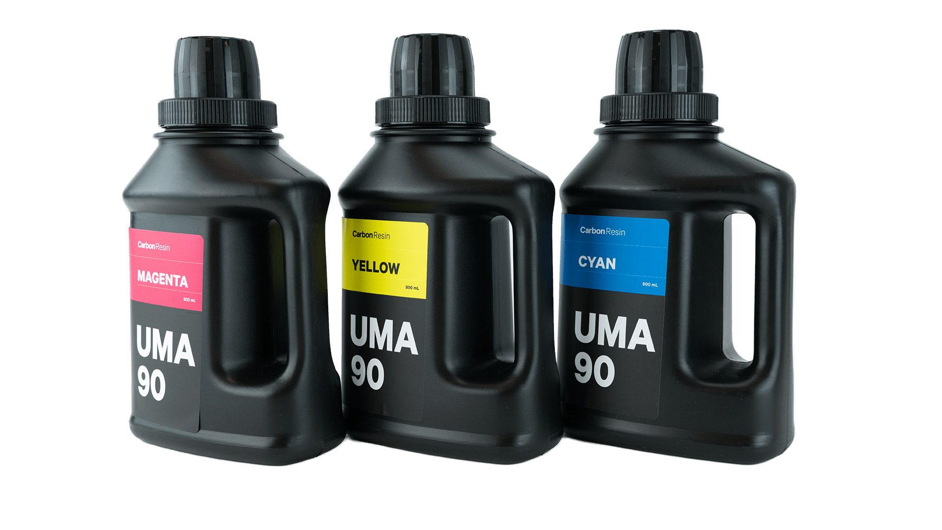 UMA 90 bottles in cyan, yellow, and magenta