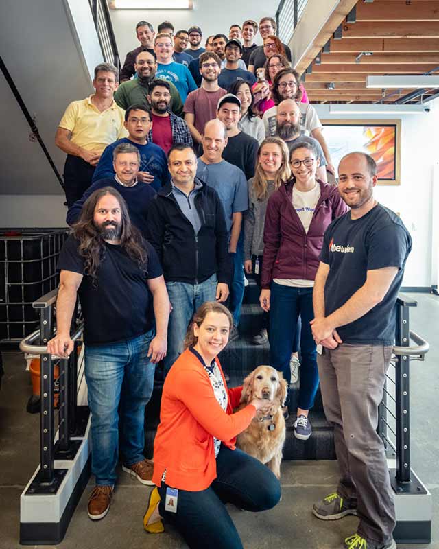 Carbon employees gathered on stairs