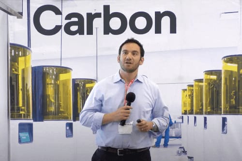 Frank Brodie with microphone at Carbon lab