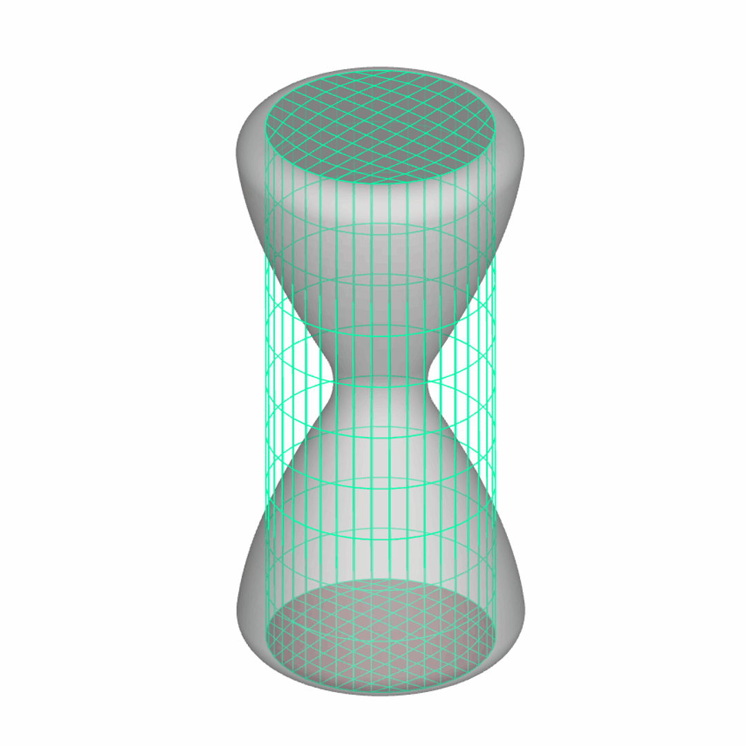 Hourglass shapes may experience errors and are best suited to a different mesh type or patches that better match the longitudinal shape (shown here with a circular top and bottom patch). (Applies to similarly bulging shapes where the patch surfaces are substantially different than the shape in between) Hourglass shapes may experience errors and are best suited to a different mesh type or patches that better match the longitudinal shape (shown here with a circular top and bottom patch). (Applies to similarly bulging shapes where the patch surfaces are substantially different than the shape in between)
