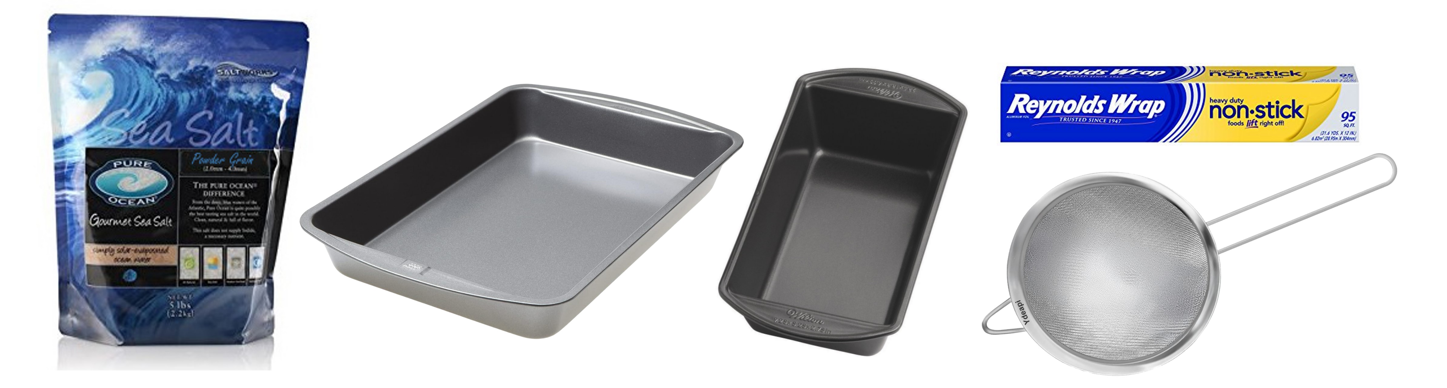 Salt, baking pans, salt strainer and foil Salt, baking pans, salt strainer and foil