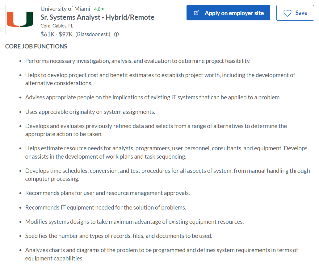 screenshot of Systems Analysts job posting from Glassdoor