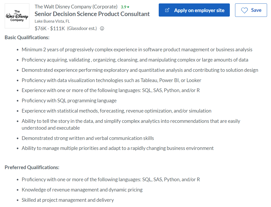screenshot of The Walt Disney Company data scientists job posting from Glassdoor