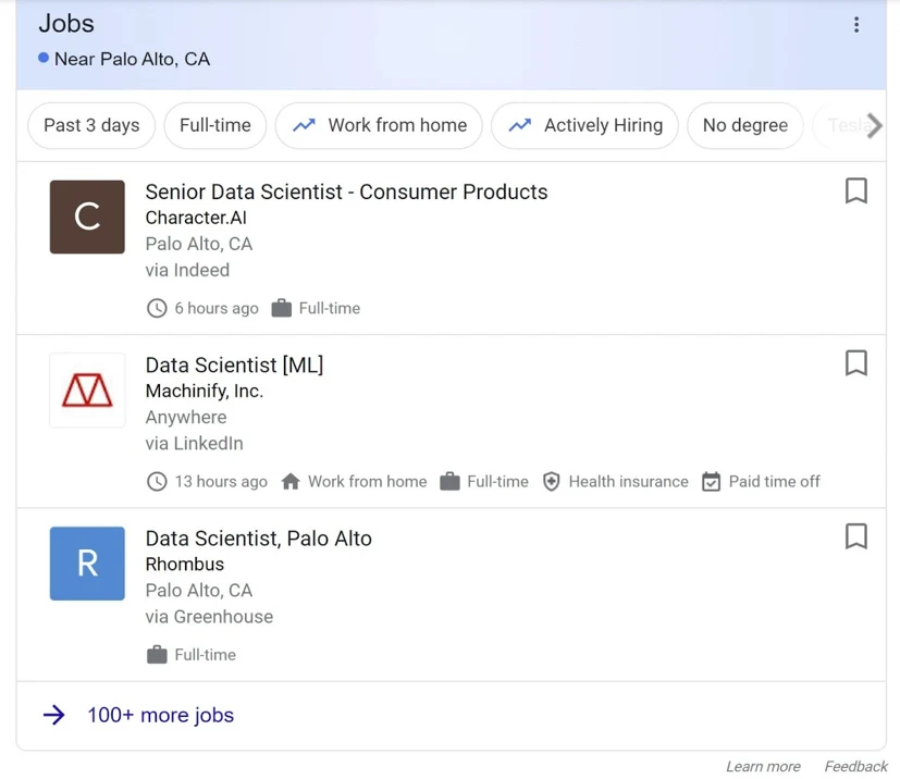 screenshot of data science job posting, Palo Alto California