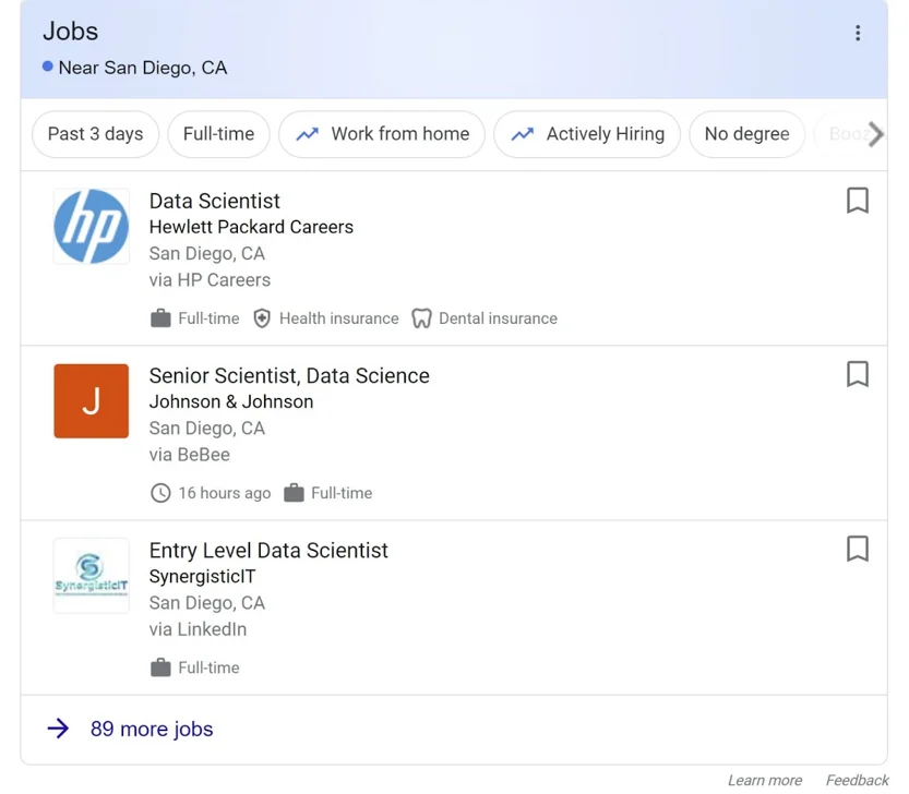 screenshot of data science job posting San Diego California