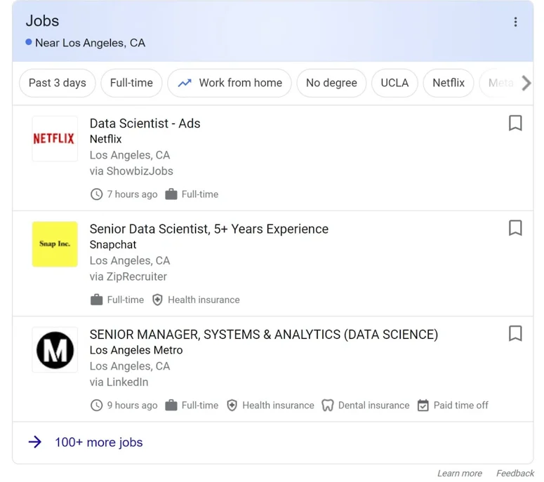 screenshot of data science job posting Los Angeles California