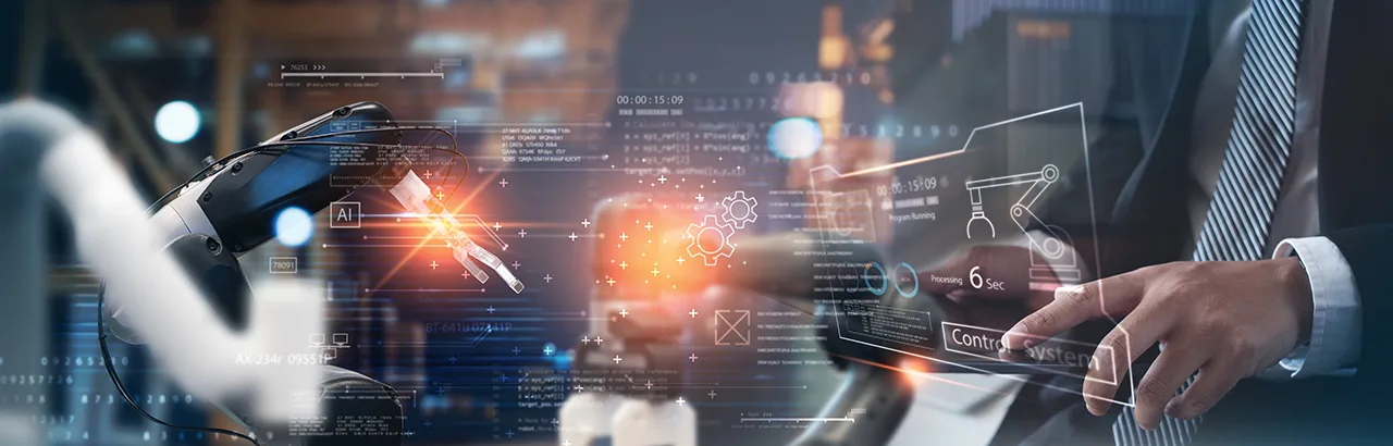 partial image of a man in suit working on a machine and a virtual screen with computer data