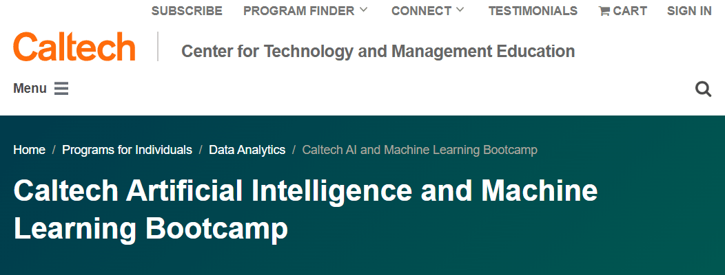 screenshot of Caltech homepage showing the machine learning bootcamp it offers