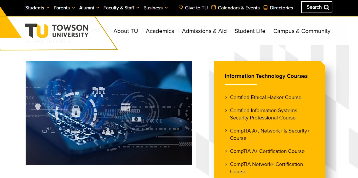 screenshot of cybersecurity bootcamp page from Towson University website