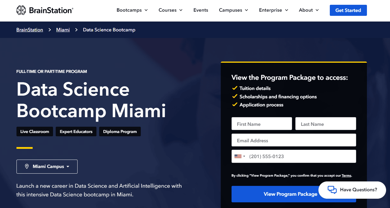 screenshot of data science bootcamp page from Brainstation website
