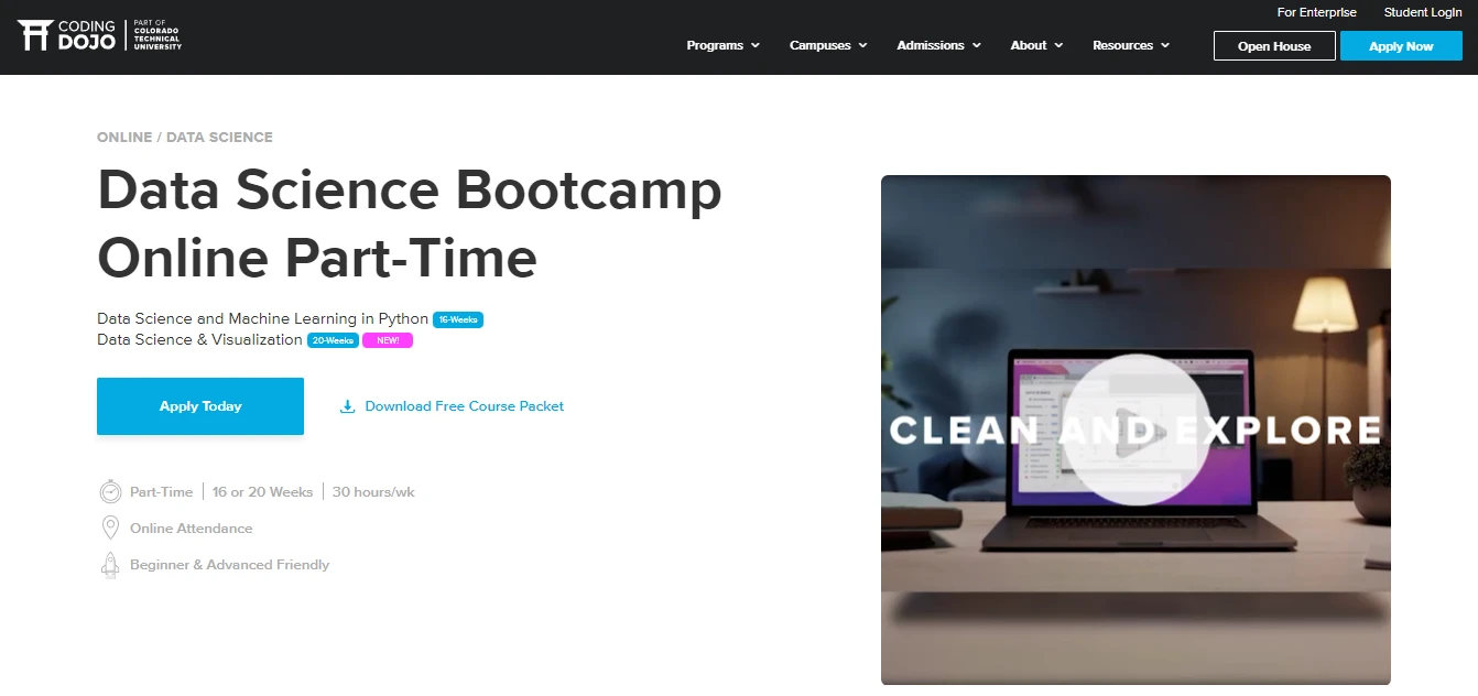 screenshot of data science bootcamp page from Coding Dojo website