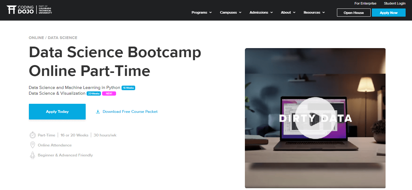 screenshot of data science bootcamp page from Coding Dojo website