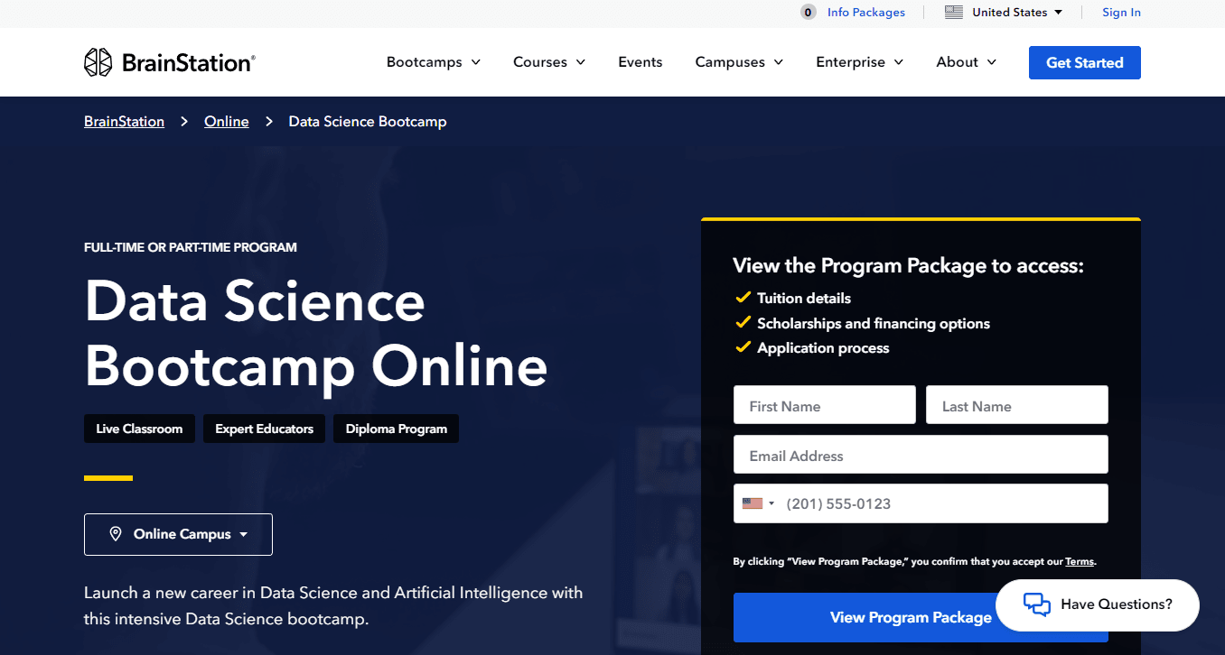 screenshot of data science bootcamp page from Brainstation website