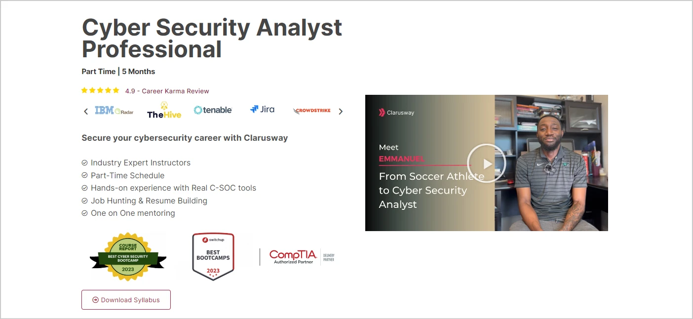 screenshot of Cyber Security Bootcamp from Clarusway website