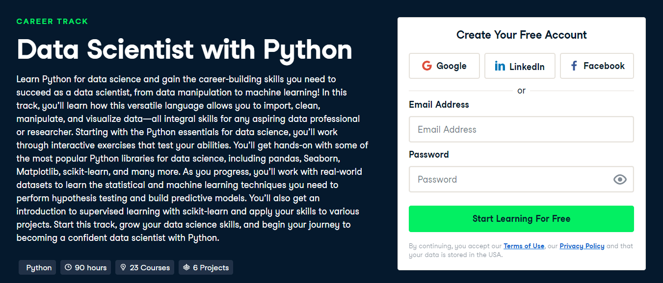 screenshot of Data Analytics Bootcamp page from Datacamp website