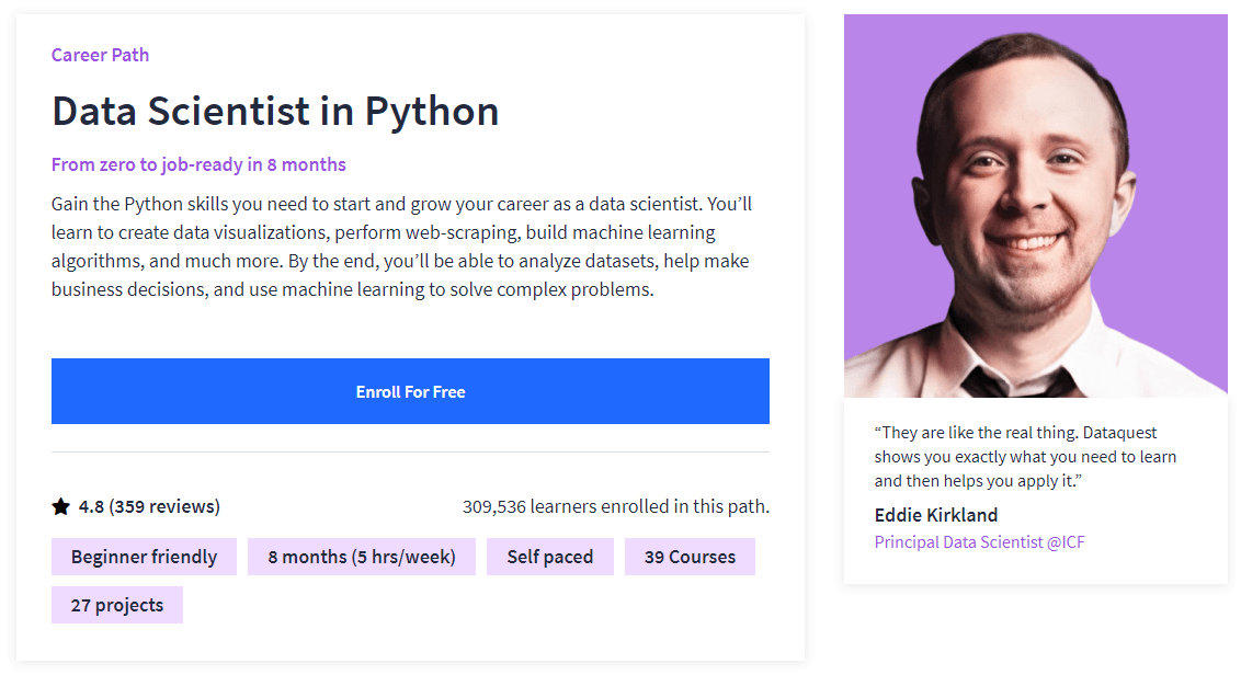screenshot of Data Analytics Bootcamp page from Dataquest website