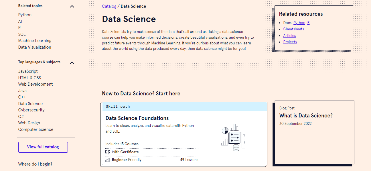 screenshot of Data Analytics Bootcamp page from Codecademy website