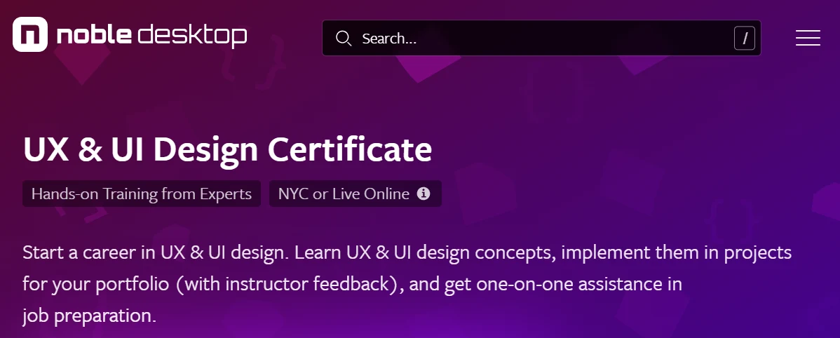 screenshot of UI UX Design Bootcamp page from Noble Desktop website