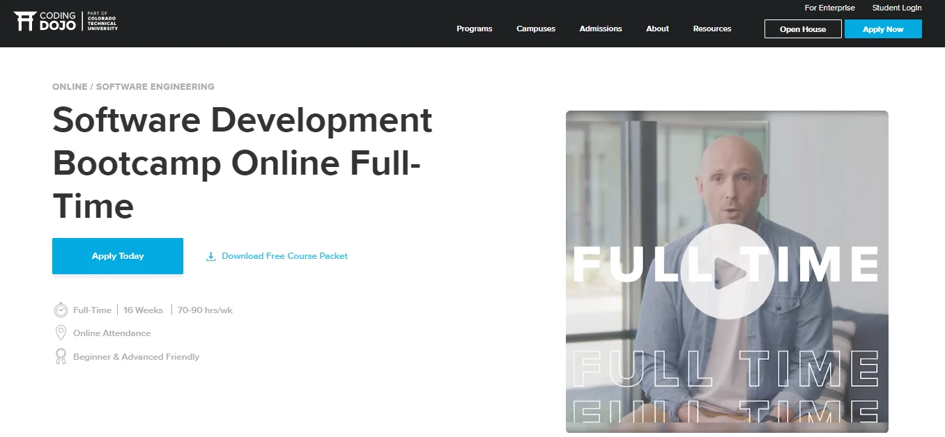 screenshot of Software Engineering Bootcamp page from Coding Dojo website