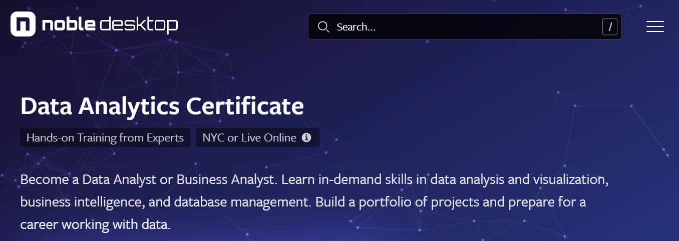 screenshot of Data Analytics Bootcamp page from Noble Desktop website