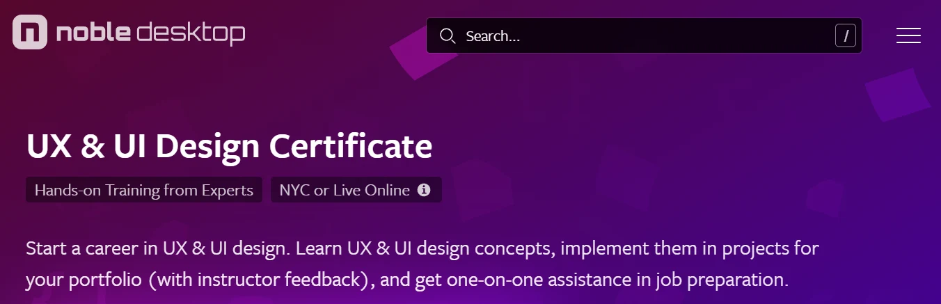 screenshot of UI UX Design Bootcamp page from Noble Desktop website
