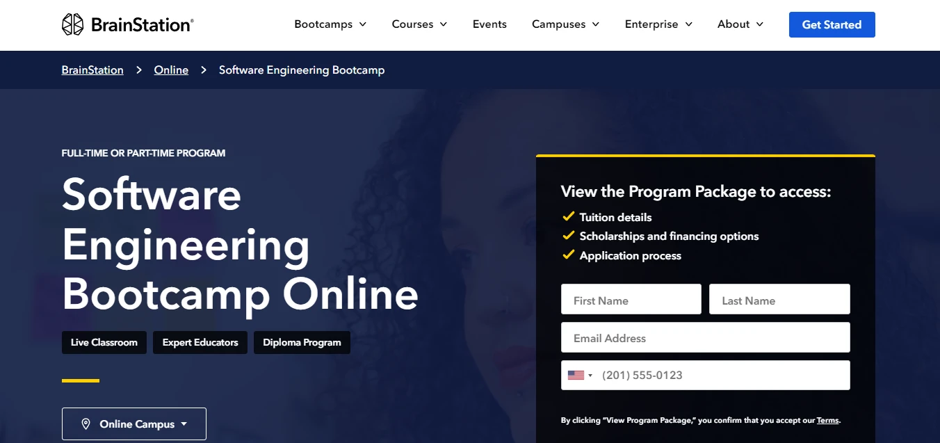 screenshot of Software Engineering Bootcamp page from BrainStation's website