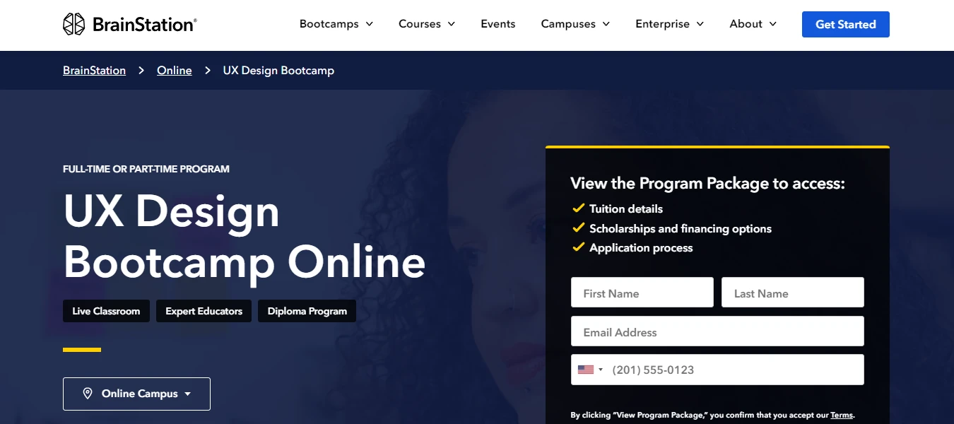 screenshot of UI UX Design Bootcamp page from BrainStation's website