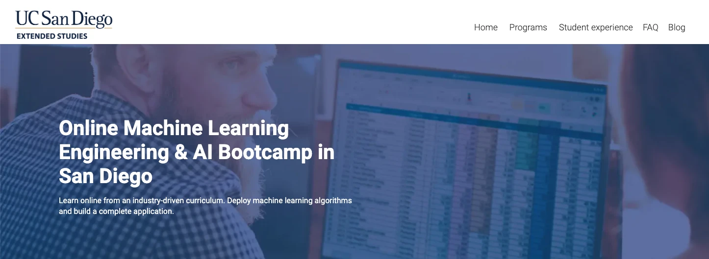 screenshot of UC San Diego Extended Studies homepage showing the machine learning engineering and AI bootcamp it offers