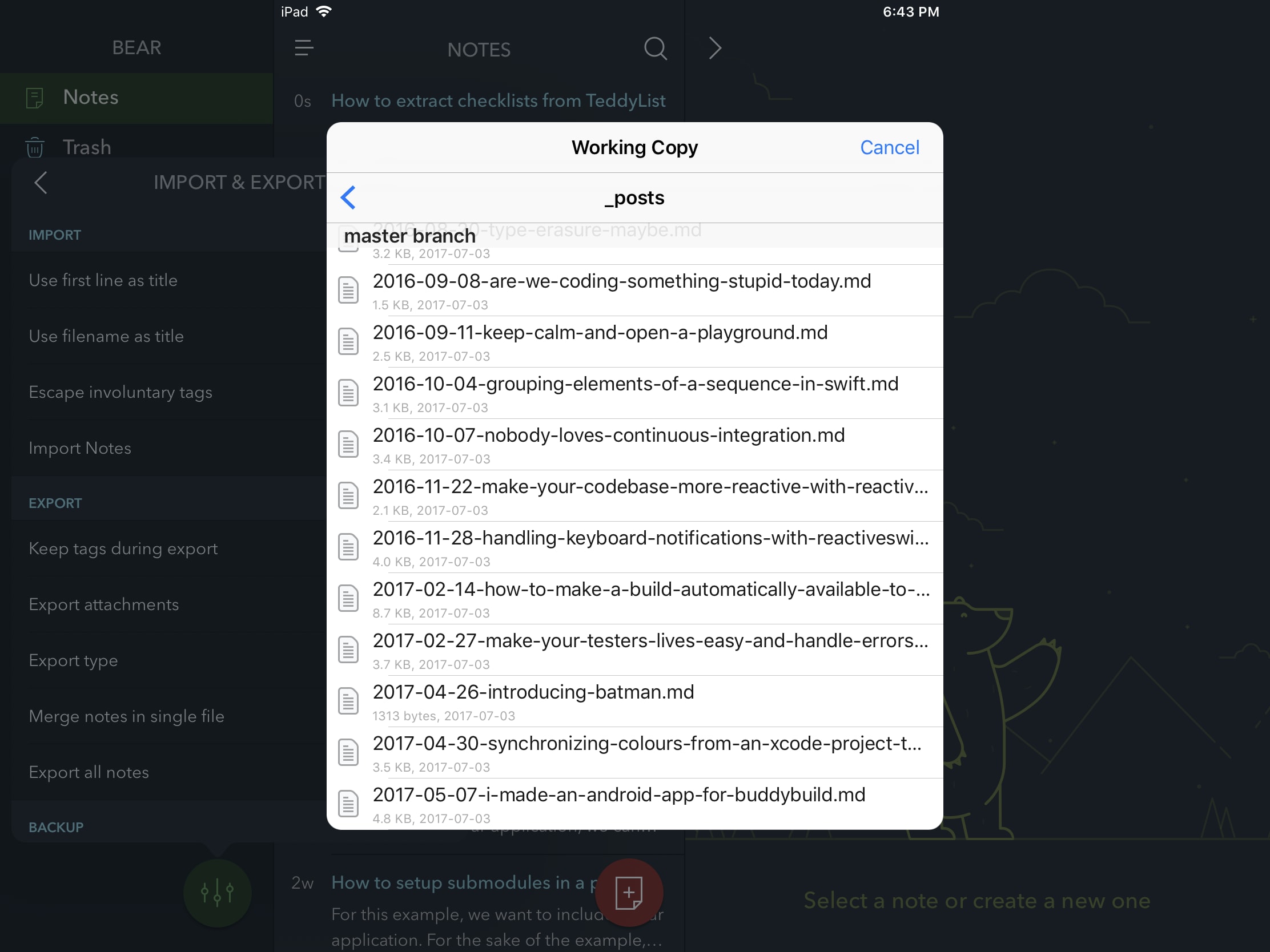 Importing a blog post from Working Copy to Bear