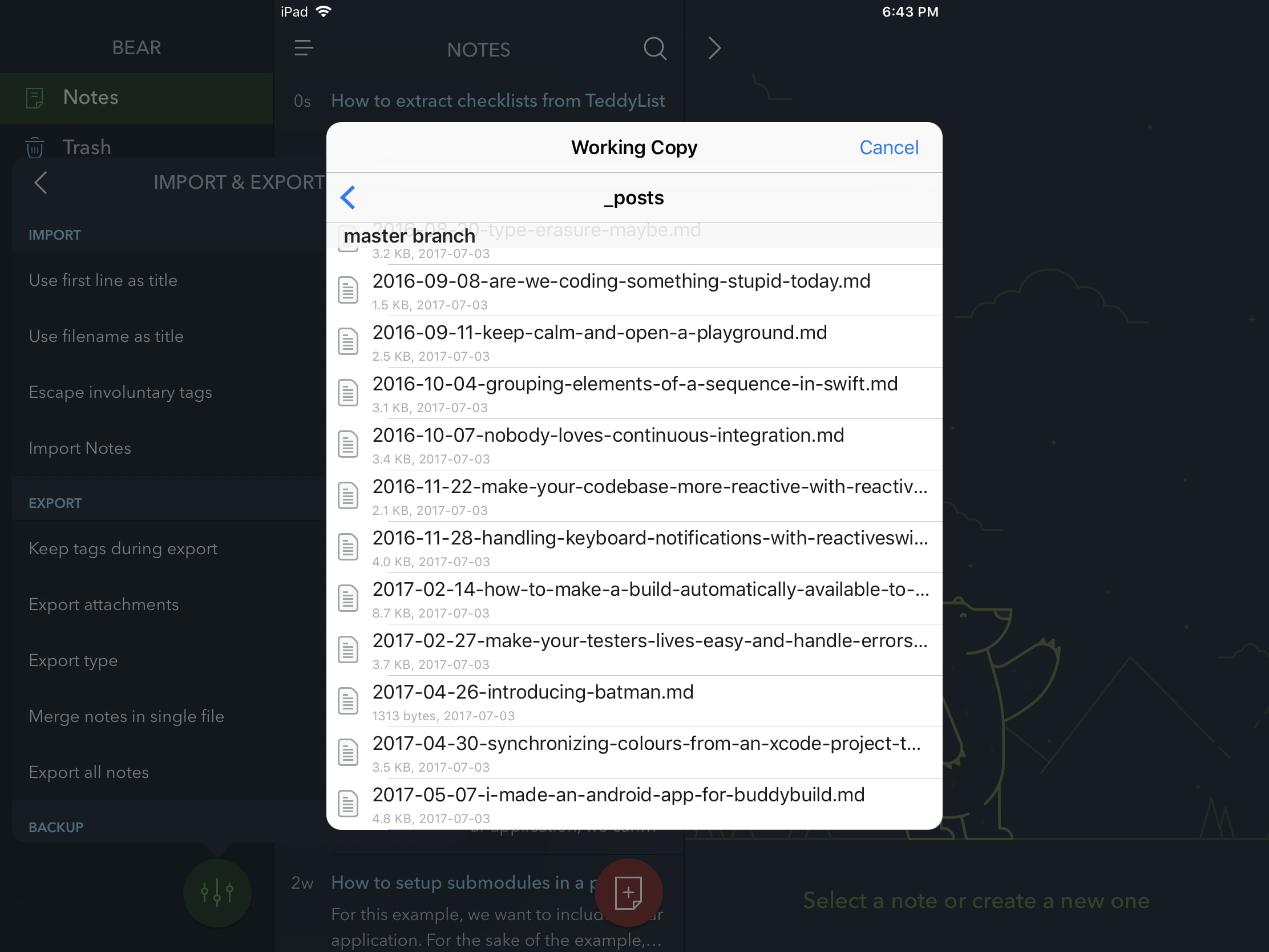 Importing a blog post from Working Copy to Bear