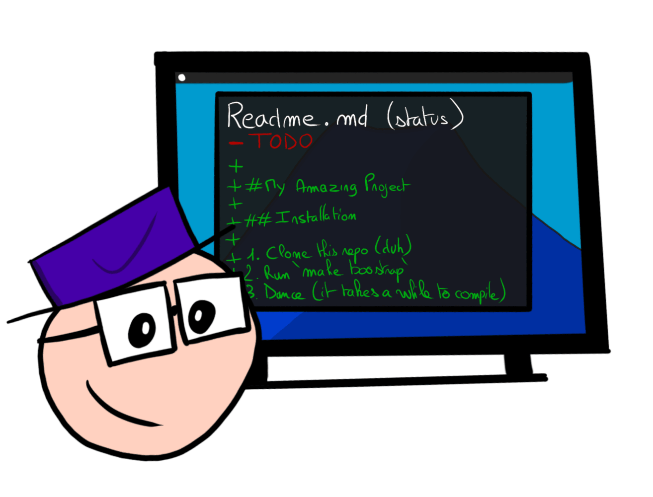 Developer with a purple hat, if front of a monitor showing a git diff