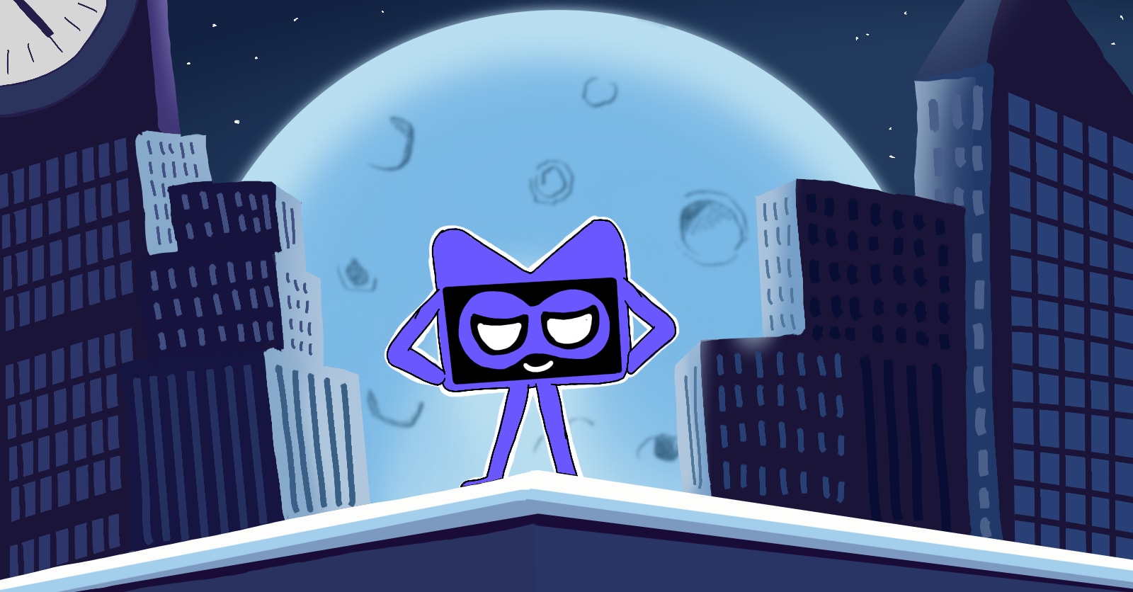 The Kotlin logo (a cat-like figure with a head shaped like a rotated uppercase K) wearing a super-hero mask and standing talk on top of a building. In the background is the moon and a bunch of tall buildings.
