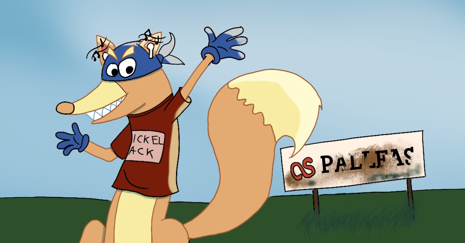 An illustration of the character from Dora The Explorer named Swiper. He's wearing a Nickelback red T-shirt, a blue bandana and blue gloes. He's also wearing headphones and listening to music. On the Right is a decrepit sign that shows the Last.fm logo and you can distinguish the word Palleas.
