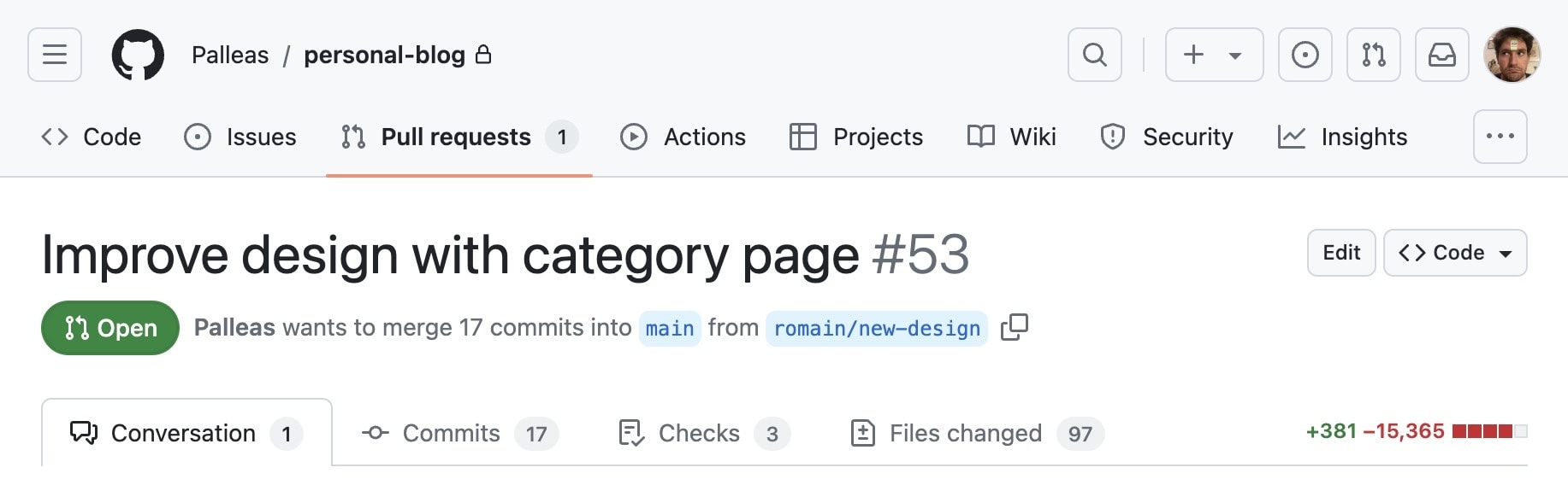 A pull request on GitHub titled improve design with category page with 381 additions and more than 15000 deletions