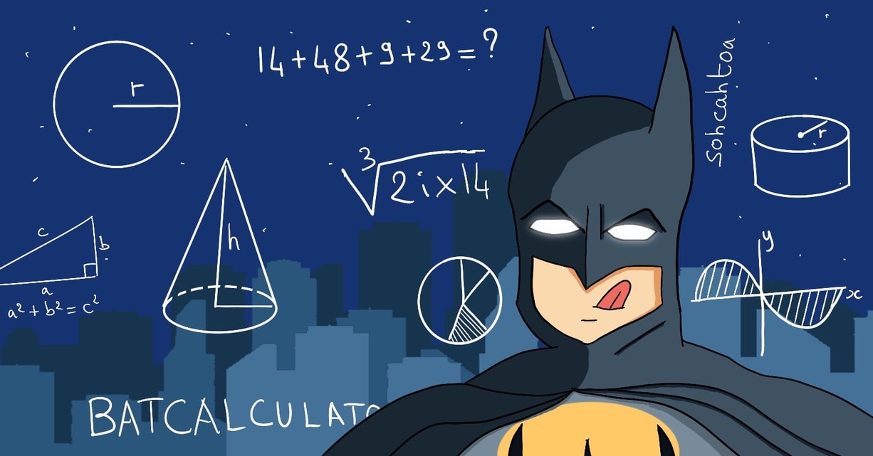 A picture of Batman dressed in a dark-blueish suit with his tongue pointing out of his mouth as if he's concentrating on something complicated. In the background are a lot of buildings in different shades of colour and some stars in the sky. On top of the whole picture are shiny white maths symbols.

